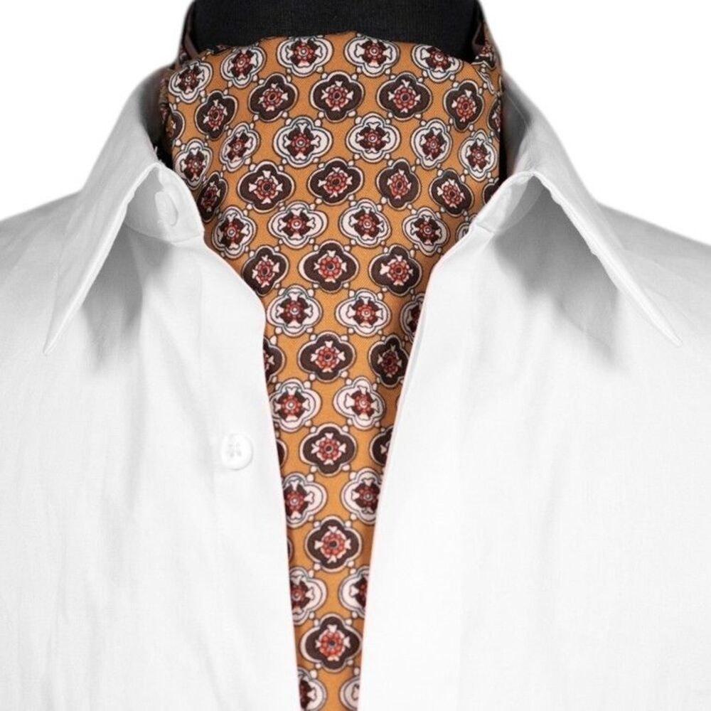 Mens Mustard Brown Geometric Medallion Ascot Cravat Wedding Formal Necktie Scarf